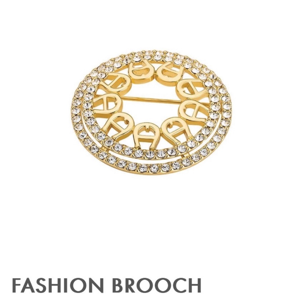 Aigner Gold Tone Crystal Embellished Logo Round Brooch